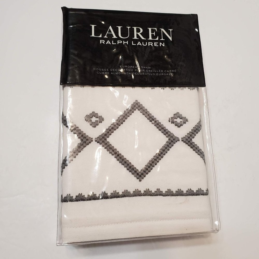 Lauren Ralph Lauren Euro Sham, Embroidered, Luke Frame Cream Grey Gray NEW